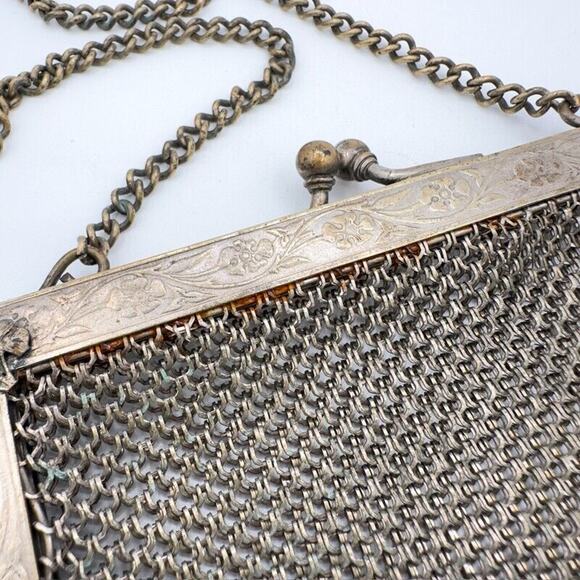 Antique German Silver Evening Bag w Chain Link Mesh Dropped Tassel Marked WJ Co - Picture 8 of 13